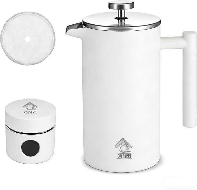 QNA French Press Coffee Maker, 34oz(1000ml)304 Stainless Steel, Double Wall | Includes a coffee canister and extra filter for upgraded 4-layer filtration, delivering smoother coffee with fewer grounds.
