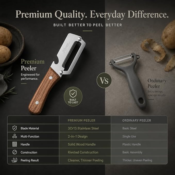 3-in-1 Vegetable Peeler with Bottle Opener, Wooden Handle | Peels, slices, and shreds fruits and vegetables with a stainless steel blade, wooden handle, and built-in bottle opener
