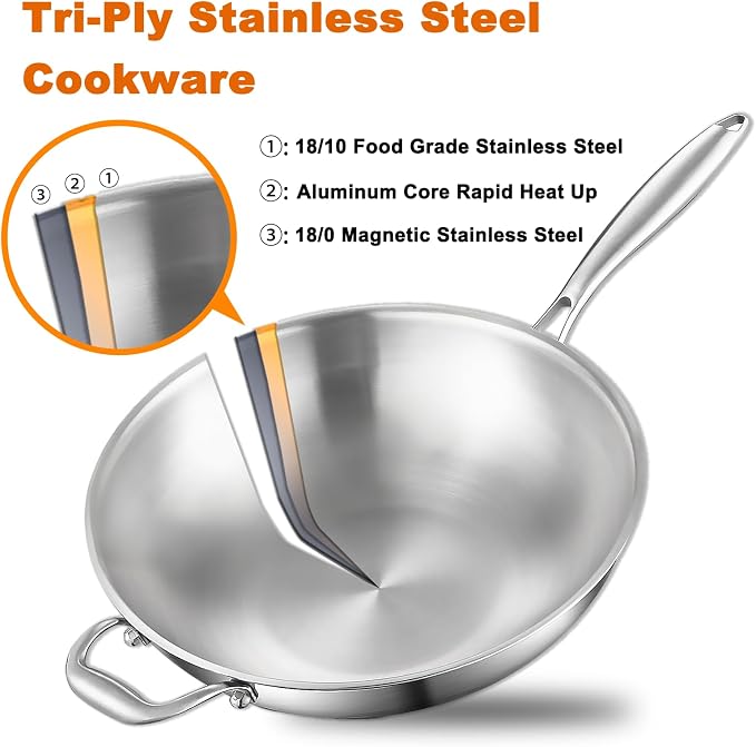 DELARLO Woks & Stir-Fry Pans, 13 in Stainless Steel Pan with Lid, With Side Ear, Large Cooking Surface, Tri-Ply Stainless Steel Wok Pan, 3 Layer Stainless Steel Saute Pan, Works on Induction, 600℉