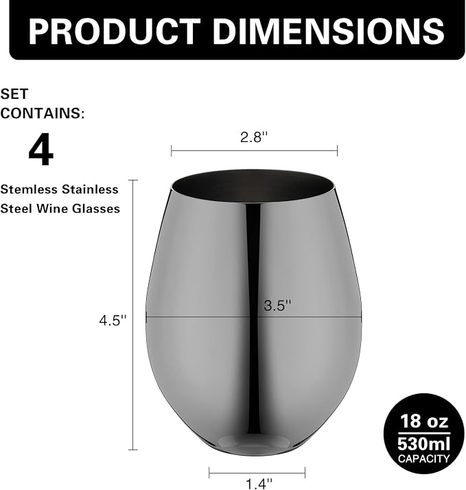 WOTOR Black Stemless Wine Glasses, 18oz, Stainless Steel, Set of 4 | Unbreakable, Metal, Outdoor Events, Ideal Gift