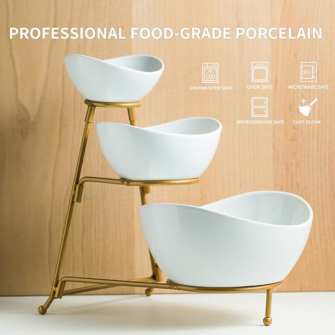 YHOSSEUN 3 Tier Serving Stand Oval Tiered Serving Bowl with Metal Rack | Chip and Dip Serving Bowl Set for Parties, Catering Supplies Buffet Food Display Dessert Appetizer, Gold-45oz/17.5oz/7oz