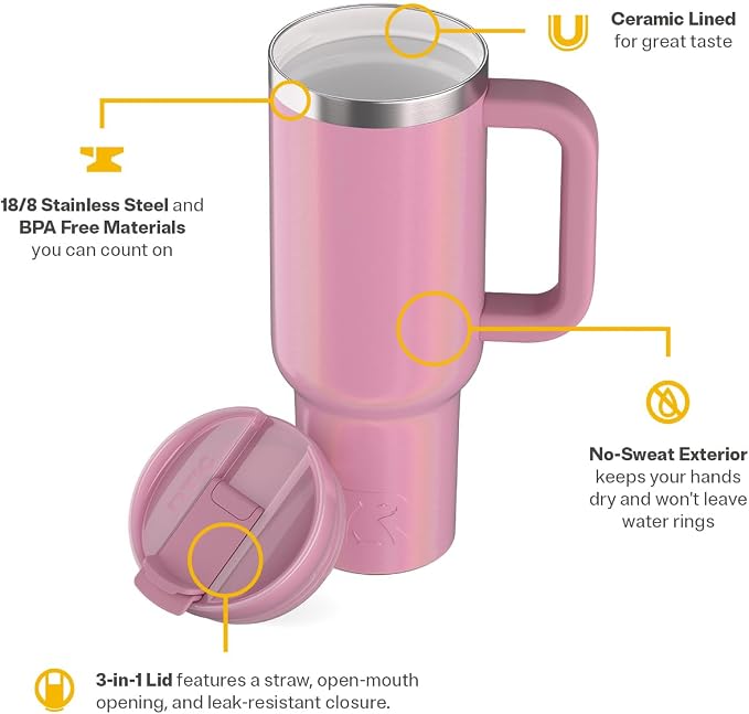 RTIC 40oz Road Trip Tumbler, Insulated, Ceramic Lined, Dusty Rose Glitter | with Lid, Handle and Straw, Stainless Steel Metal Cup, Portable for Hot and Cold Drinks, Coffee, Car, Camping, Travel
