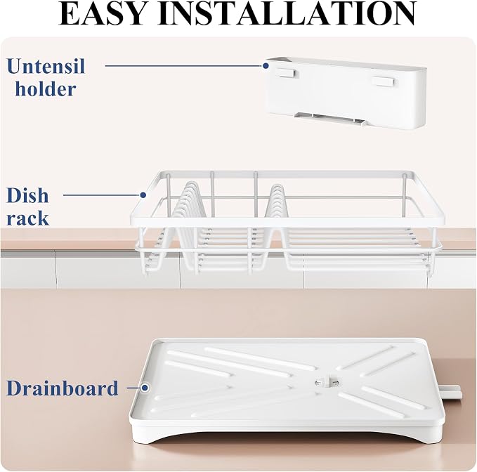 SNTD Dish Drying Rack for Kitchen Counter, 11.8" W x 16.7" L, White | Rustproof Stainless Steel, Large Capacity, Self-Draining Drainboard, Rotating Spout, Removable Utensil Holder
