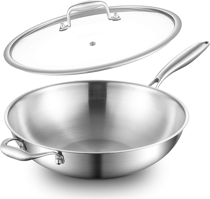 DELARLO Tri-Ply Stainless Steel Wok, 12 Inch Healthy Non-Toxic Cooking Wok Pan with Lid, With Side Ear, Wide & Deep Cookware Stir-Fry Pans, Dishwasher and Oven Safe Up To 600°F, Works on Induction