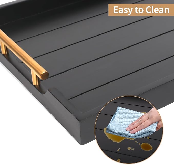 SXNOWS Wood Serving Tray with 2 Sets of Handles,Black | Rectangle 16.5x13 Inch Ottoman Decorative Tray Platter for Coffee Table Living Room Bar Home Decor, 4 Coasters Included