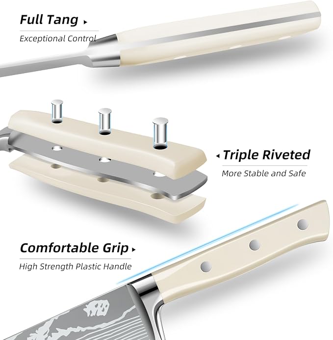 Chef Knife Set with Roll Bag, Professional Knife Set with Sharpener | High Carbon Stainless Steel 9PCS Kitchen Knife Set, Forged Triple Rivet Handle, Kitchen & Home Cooking, Dishwasher Safe White