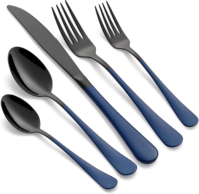 20-Piece Black and Dark Blue Silverware Set 18/0 Stainless Steel Silverware Set Dark Blue Handle Cutlery Set Service for 4 Dinner Knives Forks Spoons Set Flatware Set Finish Dishwasher Safe