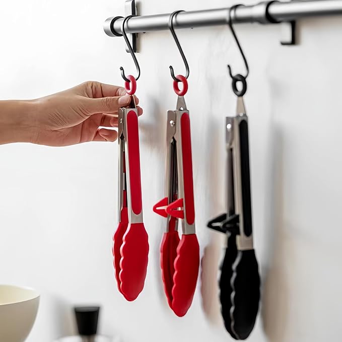 9" Kitchen Tongs for cooking with Silicone Tips, 3Pcs Serving Tongs, Red | Small Silicone Tongs mit kickstand, Food Grade, 3 different type of tongs, Stainless Steel