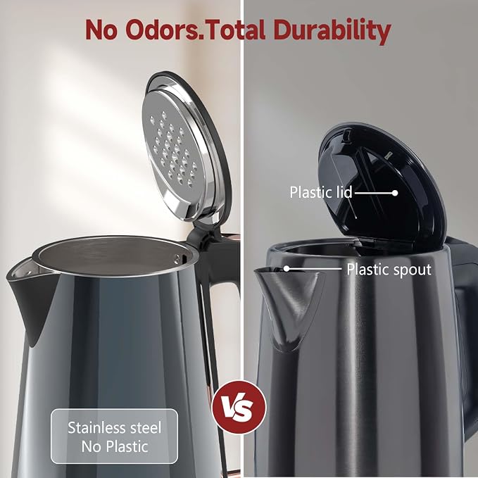 Electric Kettle 1.0L, Triple-Wall Insulated Metal Shell, 1000W | 304 Stainless Steel, BPA-Free, Auto Shut-Off, One-Push Operation, Dry Boil Protection, Fast Boiling for Tea Office Home