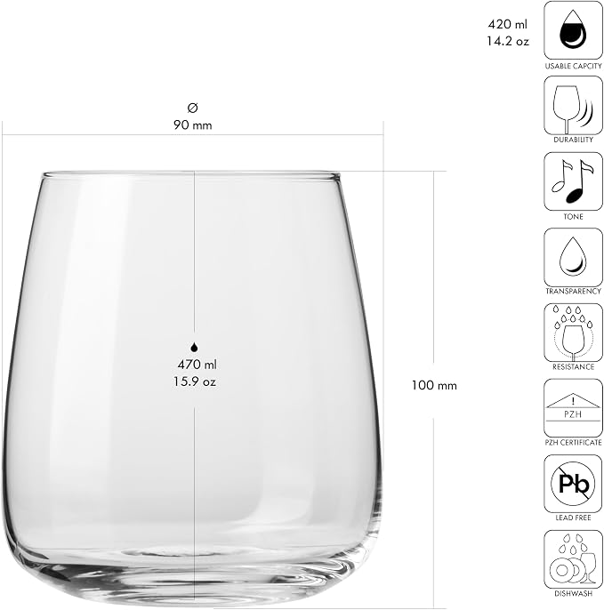 KROSNO Water Glasses Set of 6, 15.9 oz, Modern Collection | Drinking Glasses, Lead-Free Crystal Glassware, Juice Glasses, Water Glass Set, Dishwasher Safe, Made in Europe