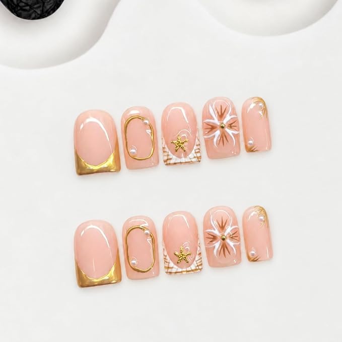 Flower Press on Nails Luxury 3D Pearl Starfish Embossed Designs Salon Quality False Nails Full Cover Short Square Acrylic Nail Handmade Press on Nails Golden French Tip Stick on Nail for Women (S)