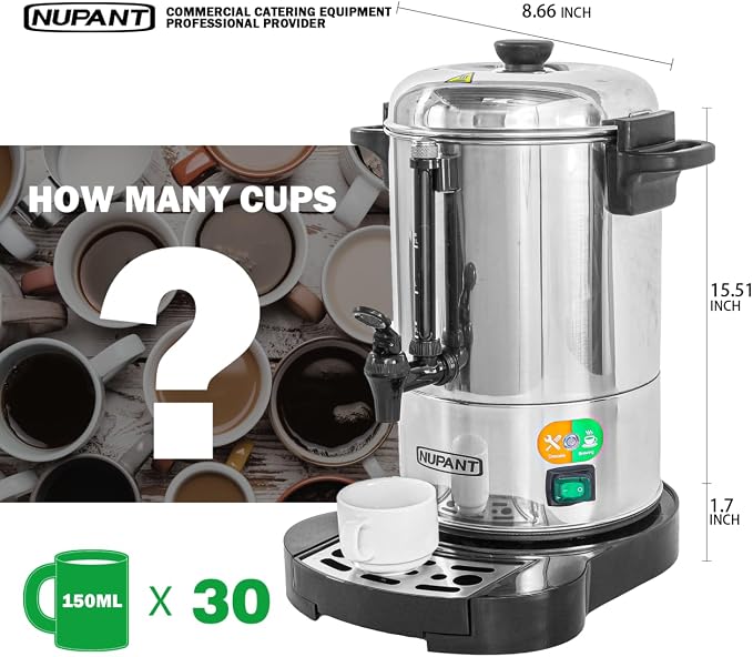 NUPANT Commercial Coffee Urn 30 Cup/4.5L Coffee Dispenser with Upgraded Percolator, 304 Stainless Steel Hot Water Urn Beverage Dispenser with Warm Mode,Drip Tray,Large Coffee Maker for Party Catering