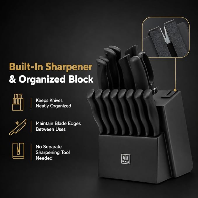 19-Piece Kitchen Knife Set with Block and Built-In Sharpener, Black | High-carbon stainless steel blades, nonstick coating, ergonomic handles and dishwasher-safe care