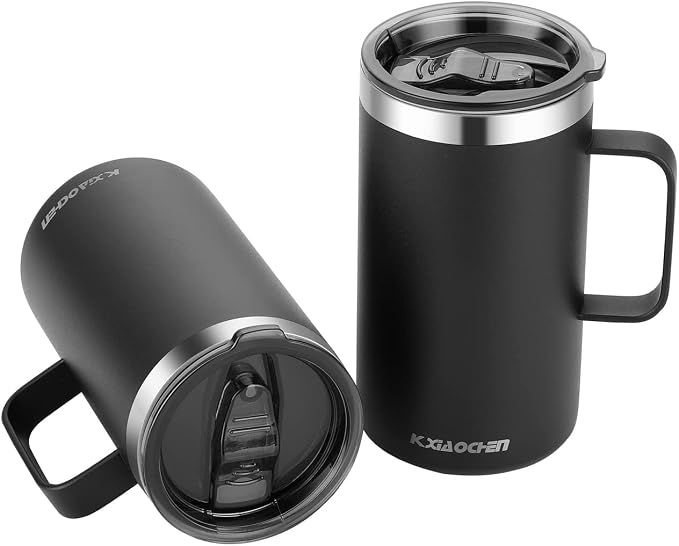 KXIAOCHEN 2-Pack 20 oz Insulated Coffee Mugs, Coffee Cups with Wide Handles | 18/8 stainless steel, sliding lids, 6+ hours hot or 12+ hours cold, wide mouth, no-sweat, for office, home, camping and gifts