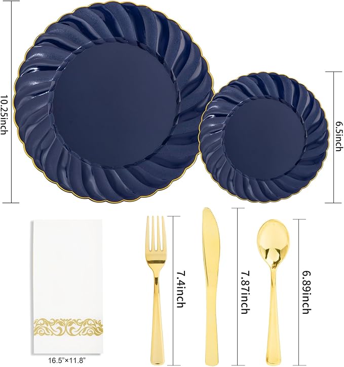 YOUBET 150PCS Blue Plastic Plates for Wedding Birthday Parties | Heavy Duty Navy Blue Disposable Plates include 50 Plates, 75 Silverware, 25 Napkins