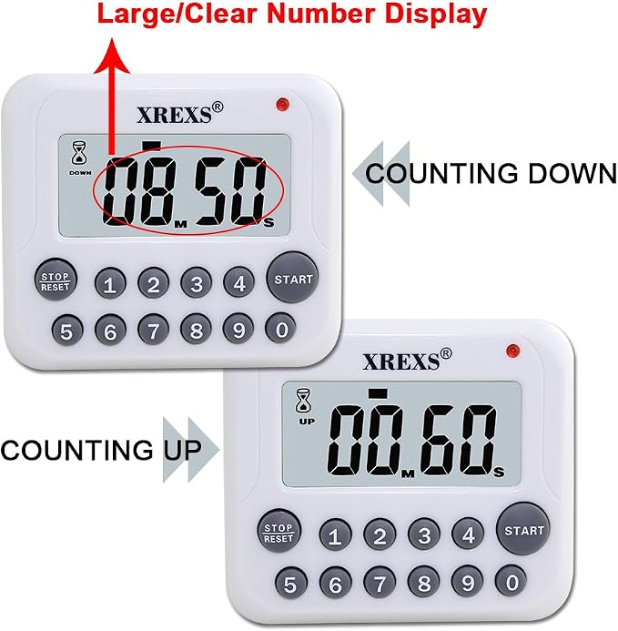 XREXS Digital Kitchen Timer Magnetic Countdown Up Cooking Timer Clock | with Magnet Back and Clip, Loud Alarm, Large Display Minutes and Seconds Directly Input-White (2 Battery Included) (DC-12)