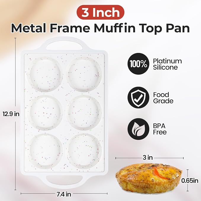 CAKETIME Muffin Top Pan, 3 Inch Metal Reinforced Frame Silicone Egg Mold for Breakfast Sandwiches Non Stick Round Silicone Egg Pan for Baking English Muffins, Whoopie Pies, Corn Bread, Tarts Confetti