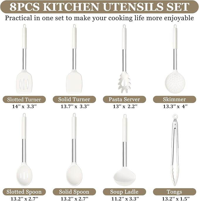 TeamFar Kitchen Utensils Set of 8, Silicone Utensils Kitchen Tools-White | Stainless Steel Handle, for Nonstick Cookware Cooking Stirring Turning, Food Grade & Heat Resistant, Dishwasher Safe - White