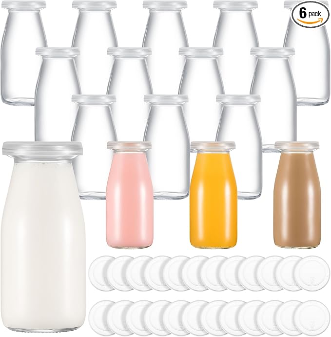 Zubebe 6 Pack 3 oz Glass Jars Milk Bottles with 12 Lids Mini Yogurt Jars | Reusable Small Glass Jars for Juice, Smoothie, Pudding, Jams, Overnight Oats, DIY Crafts, Party Favors, Gift Ideas
