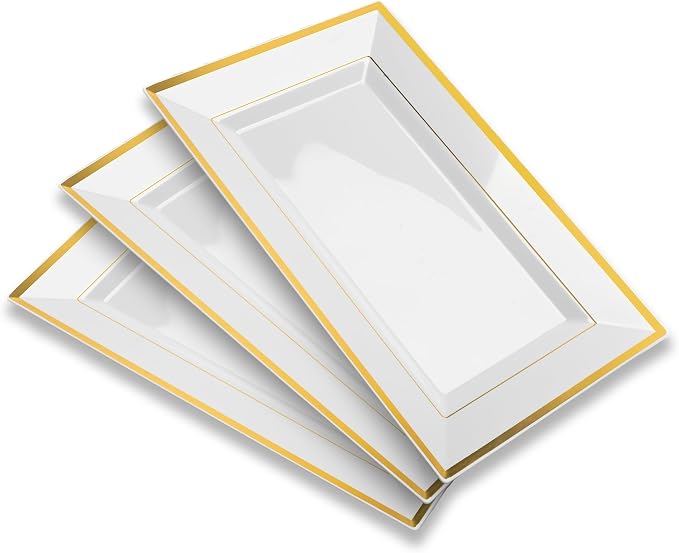 Mint Living-Elegant Plastic Serving Tray & Platter Set (3pk)-White & Gold Rim Disposable Serving Trays & Platters for Food - Weddings, Parties, Dessert Table, Cupcakes - 8x13 inches (White + Gold)