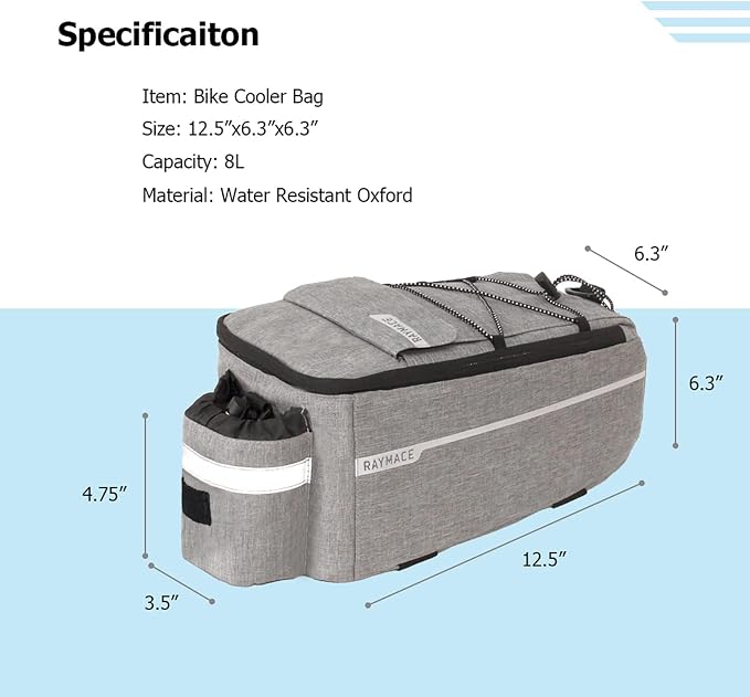 RAYMACE Bike Rear Rack Bag, Bike Trunk Cooler Bag | Bicycle Pannier for Warm or Cold Items(Grey)