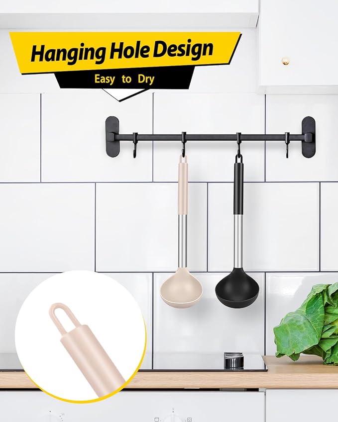 BUNDLEPRO Silicone Ladle Spoon Kitchen Utensils, 2 Pack, Black-Khaki | Non Stick, High Heat Resistant, BPA Free, Ideal for Cooking, Stirring,Serving Soups