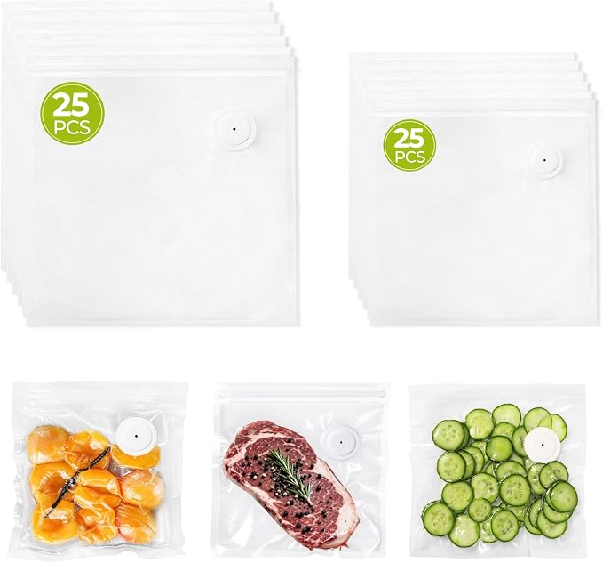 Reusable Vacuum Sealer Bags for Food, 50 BPA-Free Food Storage Bags | 2 Sizes, Double-Zip Valve Design, Leak-Resistant, Odor-Resistant, Freezer Storage For Meal Prep, Leftovers And Sous Vide