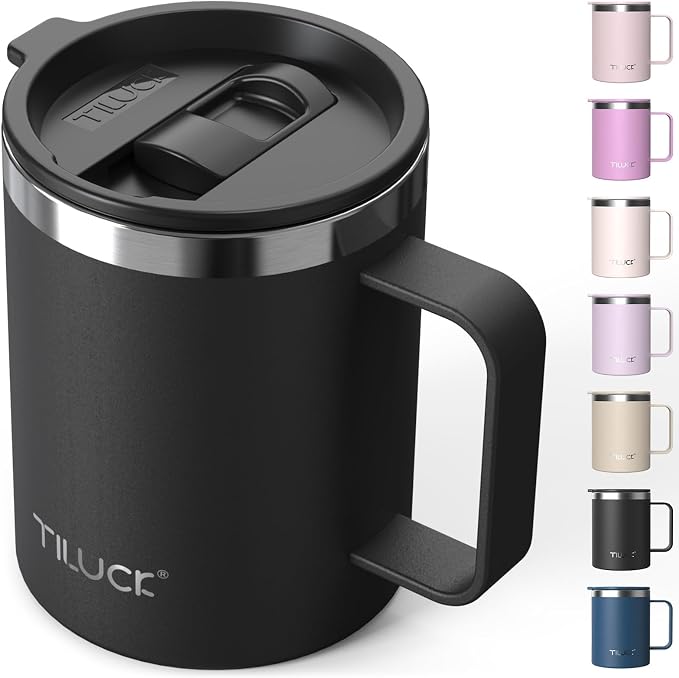 TILUCK 12 oz Insulated Coffee Mug with Lid and Handle | BPA-Free Lid, Double-Wall Vacuum Insulation, Stainless Steel Coffee Cup, Dishwasher Safe Mug for Hot & Cold Drinks,MatteBlack