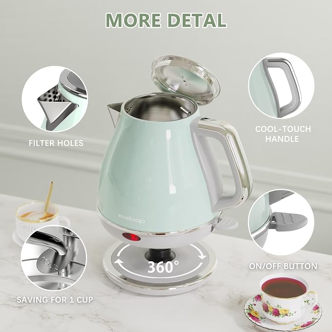 Evoloop Electric Tea Kettle, 1500W /1.0L Hot Water Boiler Heater Pot, Retro Small Electric Kettle, 100% Stainless Steel BPA Free Electric Teapot, Auto Shut-Off & Boil-Dry Protection