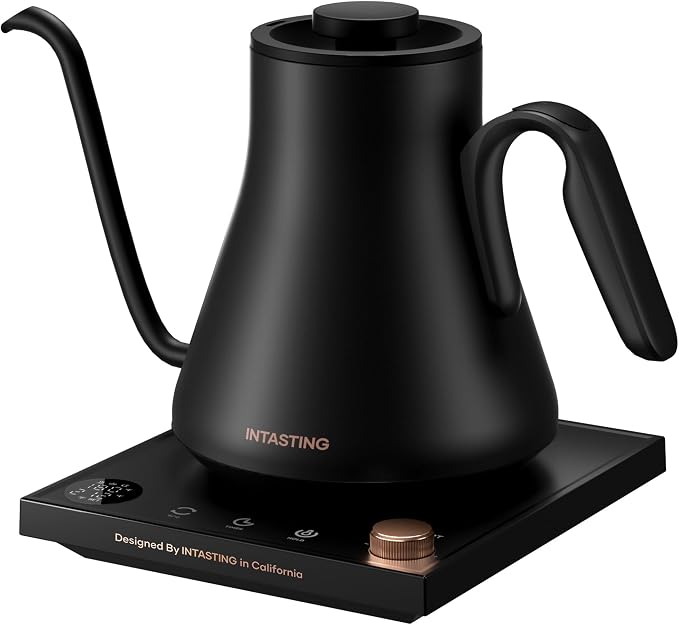 INTASTING Gooseneck Electric Kettle with 1℉ Temperature Control, 0.9 Liter | Fast Heating, Stainless Steel Interior, for Pour Over Coffee, Tea & Boiling Water, Keep Warm, Auto Shut-Off, 1200W, Black