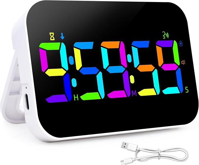Kitchen LED Digital Timer Rechargeable, RGB Count Down Up Digital Timer with Vioce Reminder for Kitchen Classroom Cooking Study, Vibration Mode 3 Level Adjustable Volume and Brightness