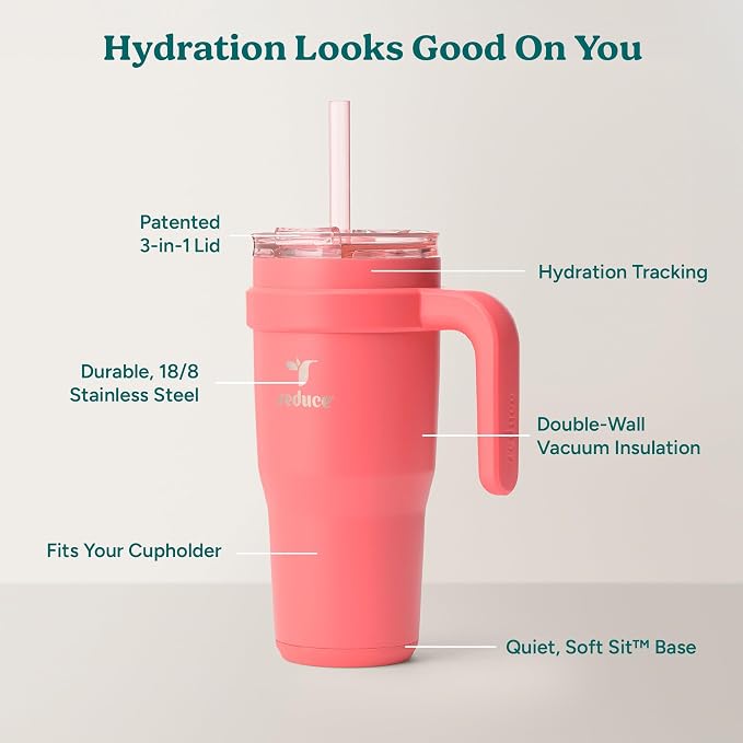REDUCE 24 oz Stainless Steel Tumbler with Handle - Dual-Wall Vacuum Insulated Travel Mug, Sweat-Proof Lid & Reusable Straw - Keeps Drinks Cold for 24 Hrs, Fits Cupholders, Dishwasher Safe - Daiquiri