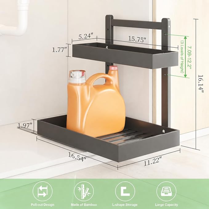 Bamboo Under Sink Organizer, 2-Tier Pull Out Cabinet Organizer | Kitchen Sink Organizer | Bathroom Cabinet Organizer | Cleaning Supply Storage | L-Shape | 3-Level Adjustable | Natural Bamboo