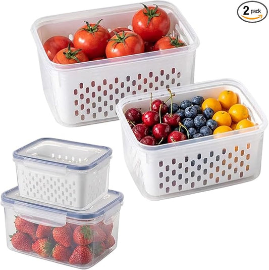 2 Pack Fruit Storage Containers for Fridge with Removable Colanders, Dishwasher & Microwave safe Produce Storage Containers with Lids Keep Fruits, Vegetables, Berry, Meat Fresh longer