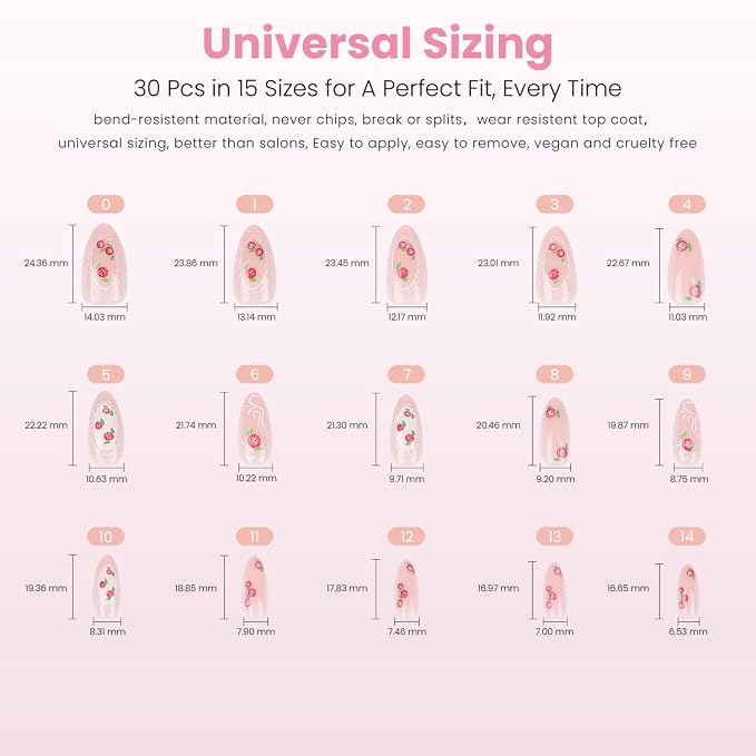Nail Reformation Press On Nails, Pink Roses Medium Almond Fake Nails 30 Pcs | 15 Sizes with Lace & Pearl on Nude Base in Glossy Finish, Reusable Stick On Nails, False Nail Kit, Manicure Gifts for Women