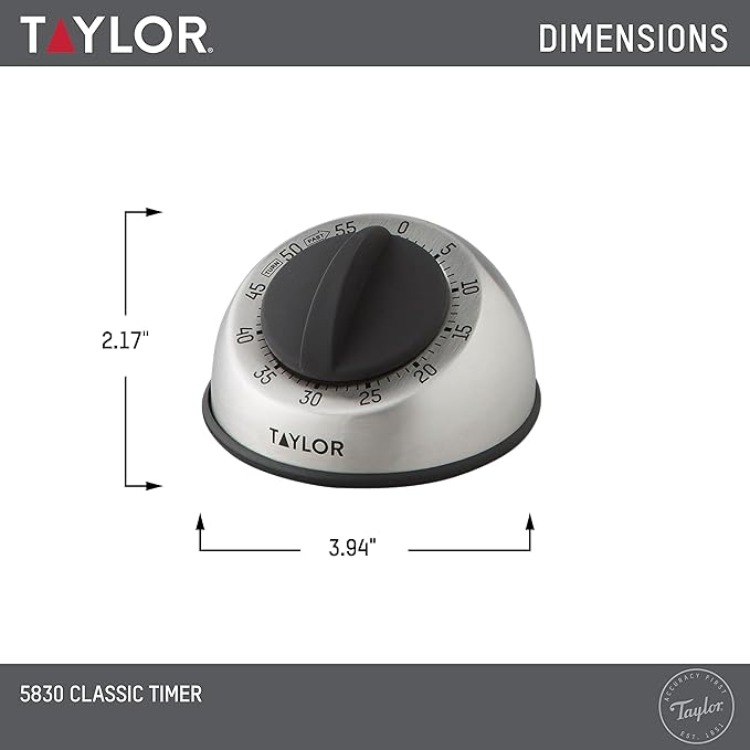 Taylor Mechanical Timer, Countdown with Easy-Turn Dial and Loud Ring Alarm, Compact Tool for Cooking, Baking, Classroom Activities, Homework, Studying, Projects, Stainless Steel