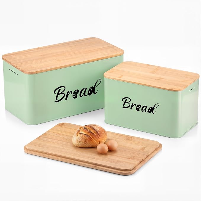 Metal Bread Box Set of 2 with Bamboo Lid, Modern Bread Storage Containers with Air Vents, Bamboo Cutting Board Lid, Farmhouse Kitchen Decor Organizer for Countertop, 2-Size (Large & Small)Sage Green
