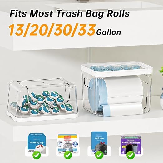 Trash Bag and Laundry pods Dispenser, 3-in-1 Clear Under Sink Organizer, Dishwasher Pod Storage Container, Stackable Kitchen Cabinet Storage Box Fits 13/30/33 Gallon Garbage Bags