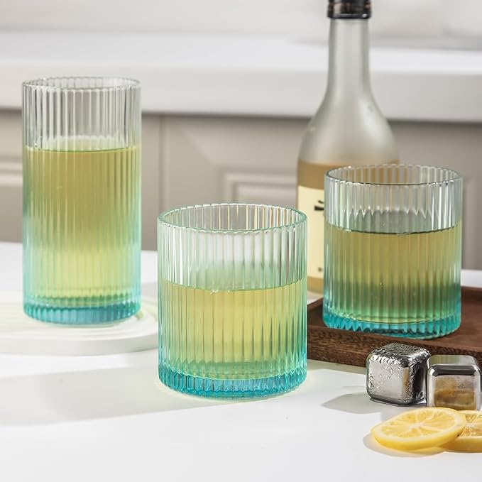 Ribbed Drinking Glasses 8pcs, 12oz and 10oz Glassware, Tumbler Glasses Cup Set for Wedding, Party, Christmas Gift, Blue