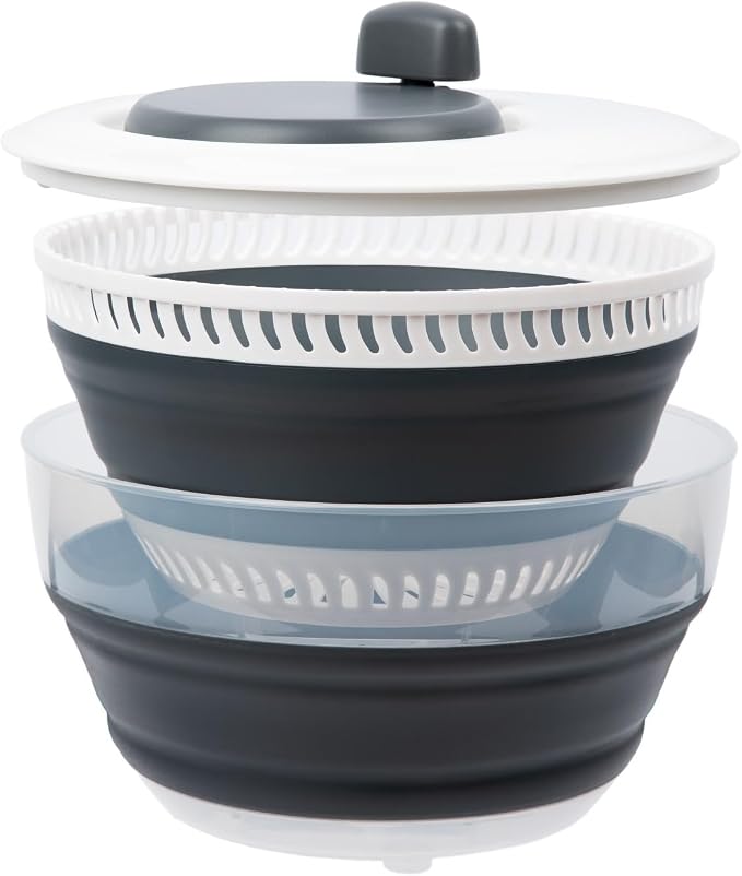 Space Saving 3 Quart Collapsible Salad Spinner with Comfort Easy Grip Handle, Foldable Lightweight Vegetable Dryer, BPA Free Kitchen Lettuce Washing Drying Tool for Fruit Veggie Storage