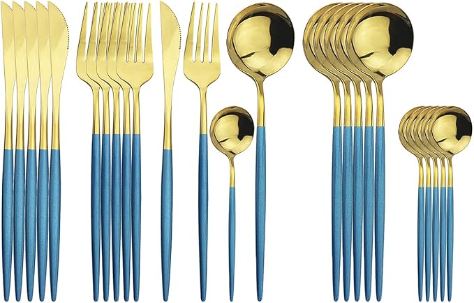 Gold Silverware Set, 24-Piece Stainless Steel Flatware Set Service For 6, Mirror Polished Blue Handle Tableware Cutlery Set Knife Fork And Spoon For Home & Restaurant, Dishwasher Safe