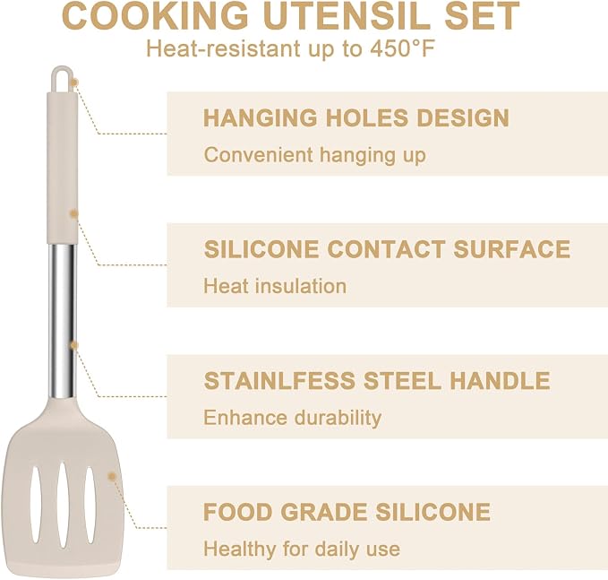 E-far Silicone Cooking Utensils Set, 7-Piece Khaki Kitchen Utensils Set | Heat Resistant Nonstick Cookware with Stainless Steel Handle, Slotted Turner, Spoon, Soup Ladle, Pasta Server, Skimmer, Tongs