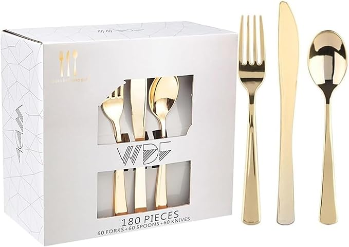 180 Count Gold Plastic Silverware Set - Heavy Duty Disposable Cutlery (60 Forks, 60 Knives, 60 Spoons) - BPA-Free Gold Flatware for Wedding, Party, Baby Shower, Thanksgiving