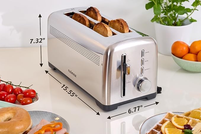 4 Slice Toaster, CUSIMAX Long Slot Toaster for Sourdough, Stainless Steel | High-Lift Quick Glance, Bagel, Defrost & Cancel, 9 Browning Levels, Extra-Long Slots Fit Artisan Bread & Thick Texas Toast