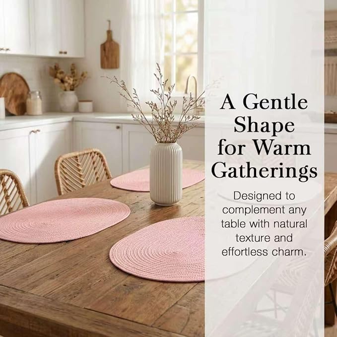 Placemats Set of 6, Woven Oval Braided Dining Table Mats(Blush Pink) | 12 x 17.5 Inch Size Fits Plates and Flatware; Hand Washable and Heat Resistant for Kitchen Use, with Farmhouse and Boho Style