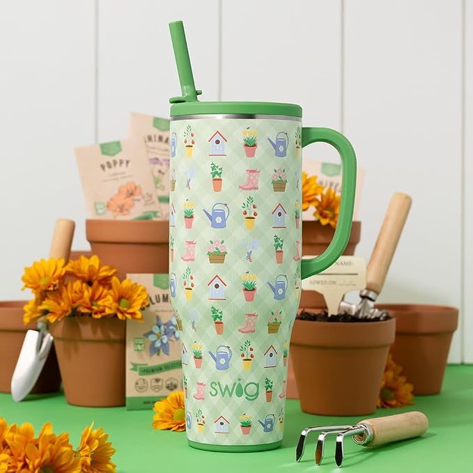 Swig Life 40oz Leakproof Mega Mug with Handle & Straw, Green Thumb | Leakproof Lid - Triple Insulated Stainless Steel - Handle & Straw Included - Cup Holder Friendly - Dishwasher Safe