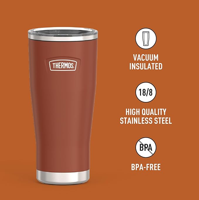 THERMOS Icon Series 24oz Stainless Steel Tumbler with Slide Lock Lid, Leakproof, Fits Cupholder, Dishwasher Safe, Griptec™ Non‑Slip Base, Keeps Drinks Hot 6 Hrs/Cold 22 Hrs, Saddle