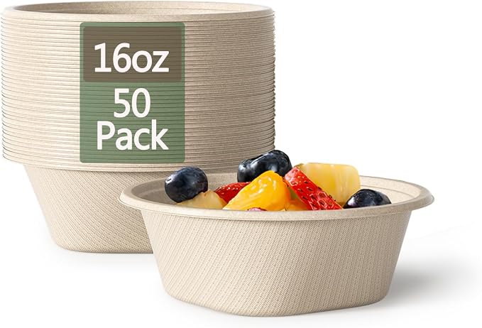 16 Oz Disposable Bowls Heavy Duty Small Paper Bowls made of 100% Compostable Heavy-duty Quality Natural Bagasse Biodegradable Bowls for Ice Cream, Dessert And Chili ect.[50 Pack]