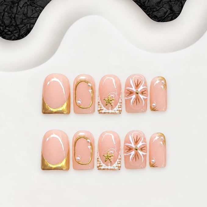 Flower Press on Nails Luxury 3D Pearl Starfish Embossed Designs Salon Quality False Nails Full Cover Short Square Acrylic Nail Handmade Press on Nails Golden French Tip Stick on Nail for Women (S)