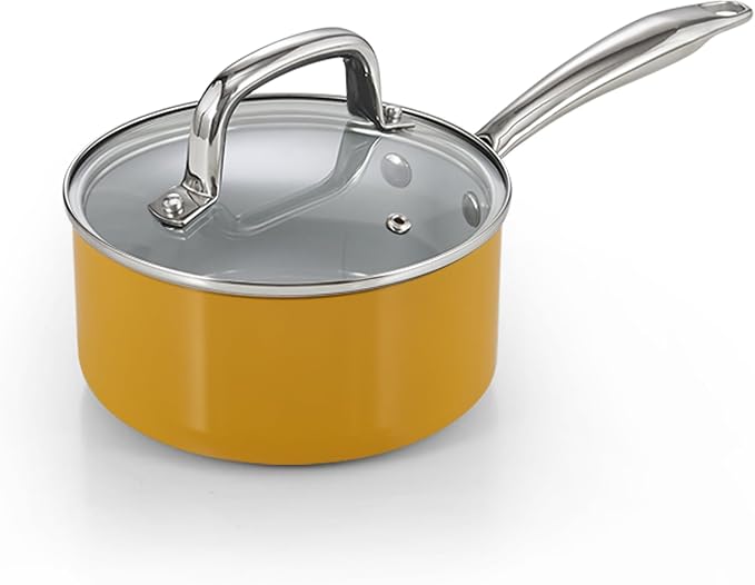 Cook N Home Classic 1.5 Quart Ceramic Nonstick Saucepan with Glass Lid, Everyday Milk Soup Oatmeal Cooking Pan, Non Stick Small Sauce Pan Pot, Stay-Cool Handle, Induction Ready, Yellow